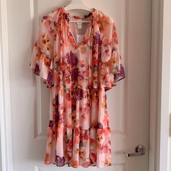 H&M | Dresses | Hm Floral Pastel Chiffon Lined Sheer Ruffle Necktie Mini  Dress Size Xl | Poshmark